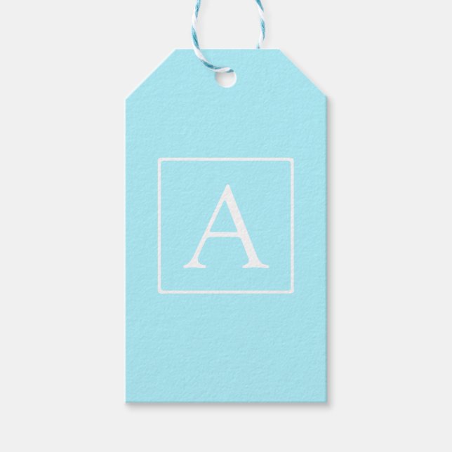 Enkel monogram i himmelblå presentetikett (Framsidan)