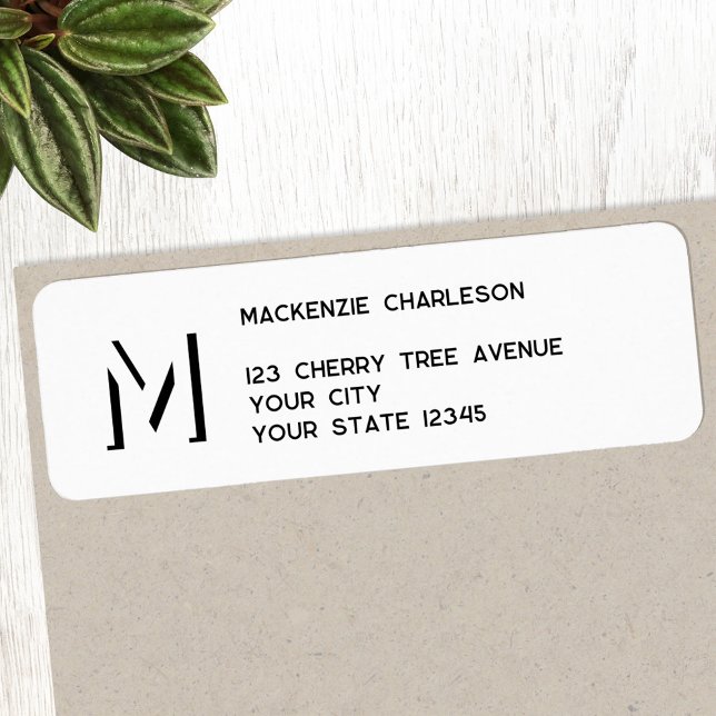 Enkel monogram inledande Returadress för skugga Etikett (Monogram initial drop shadow personalized black and white return address label)