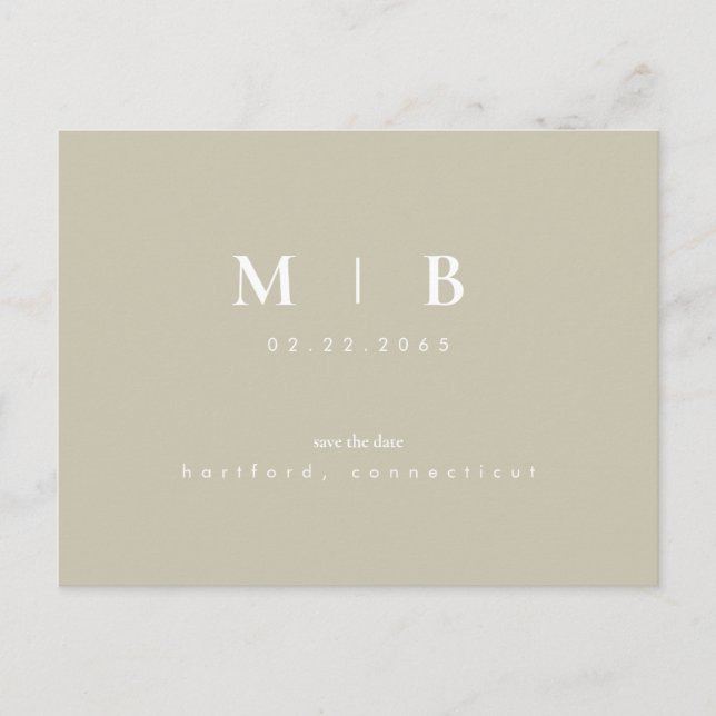 Enkel monogram khaki bröllop Spara datum  Meddelande Vykort (Framsida)