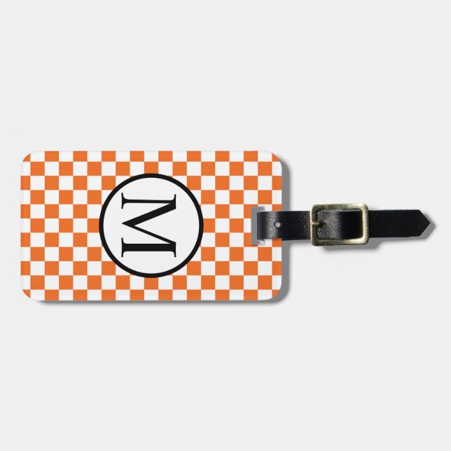 Enkel Monogram med orange schackbräde Bagagebricka (Horisontell Framsida)