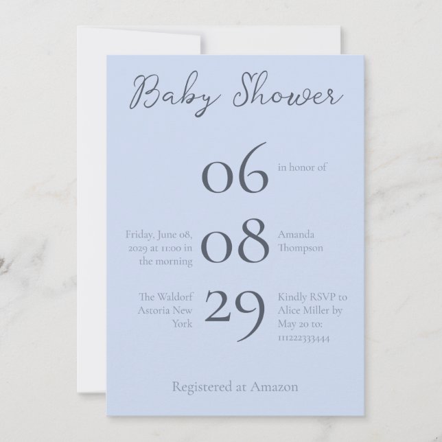 Enkel monogram minimalistisk babyblått babyskor inbjudningar (Framsida)