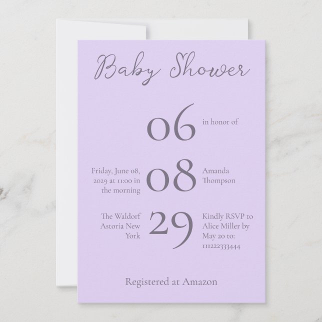 Enkel monogram minimalistisk babystövel för lavend inbjudningar (Framsida)