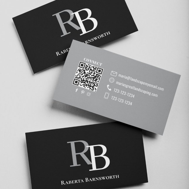 Enkel monogram QR-kod svart | Kontakta mig Visitkort (Black and gray business card with simple monogram.)