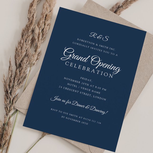 Enkel monogramflotta med stor öppning inbjudningar (Corporate Grand Opening Simple Monogram Navy Invitation)