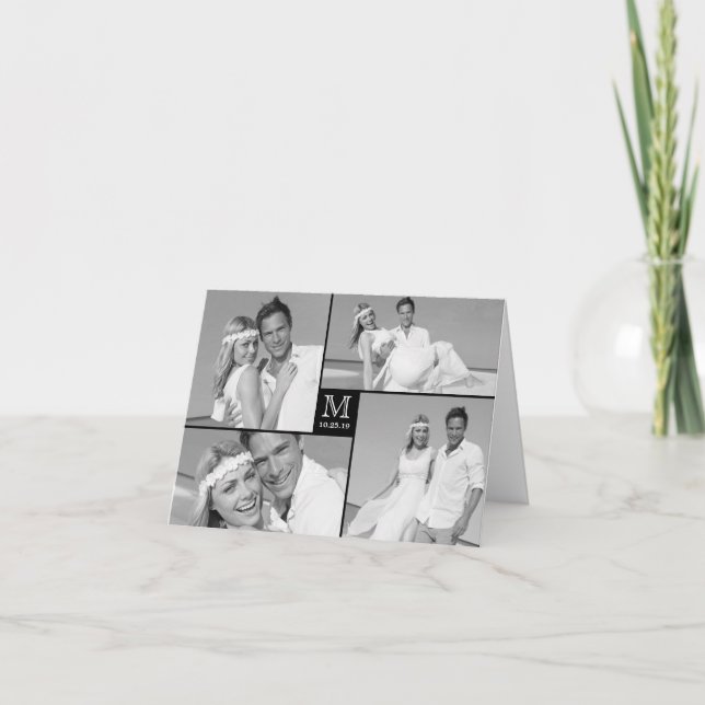 Enkel monogramruta 4 multifoto Modern Bröllop Tack Kort (Framsida)