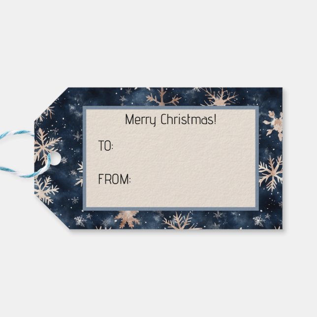 Enkel Mörk blått med Snöflingor Presentetikett (Baksidan Horisontell)