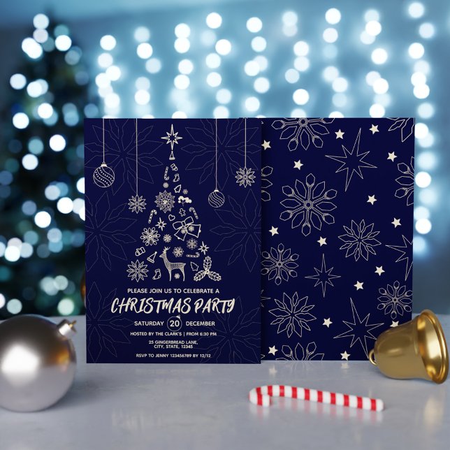 Enkel Mörk blått och Guld Elegant Julgran Inbjudningar (Simple Dark Blue and Gold Elegant Christmas Tree Invitation)