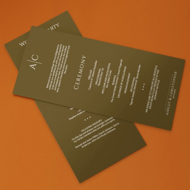 Enkel Mörk Bronze Monogram Bröllop Ceremony Program (Skapare uppladdad)