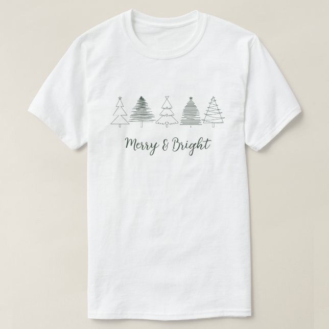 Enkel Mörk grönt merry och Bright Julgran T Shirt (Design framsida)