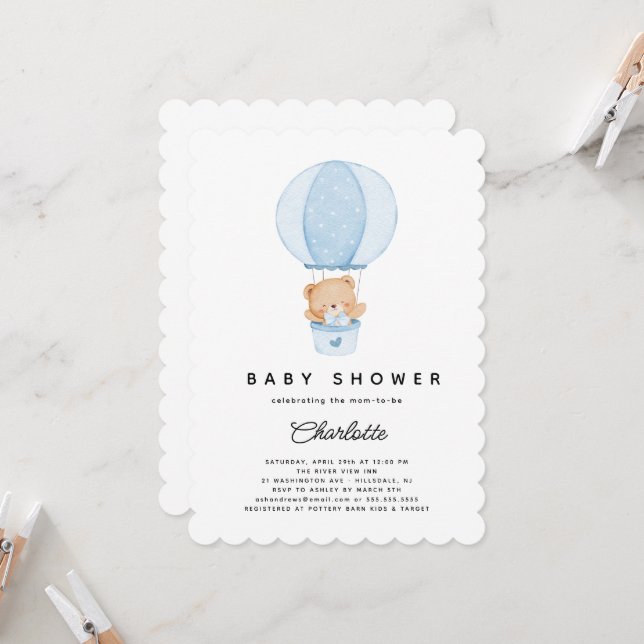 Enkel Nalle Blå Ballong Inbjudningar (Fram/Back In Situ)