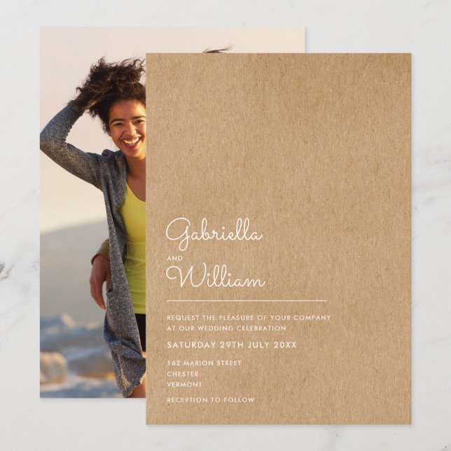 Enkel Naturlig Manuskript Rustik Kraft Foto Bröllo Inbjudningar (Fram/baksida)