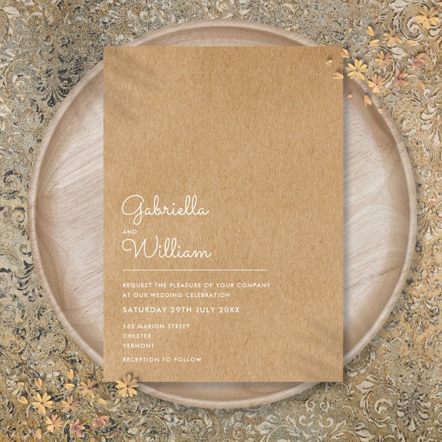 Enkel Naturlig Skrift Rustik Kraft Bröllop Inbjudningar (Simple Natural Script Rustic Kraft Wedding Invitation)