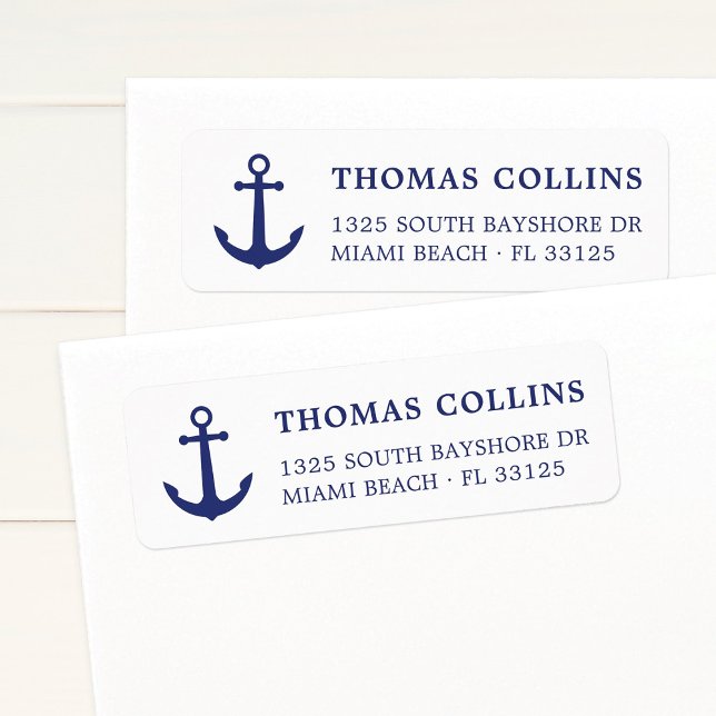 Enkel Nautical Blue Anchor-Returadress för Elegant Returadress Etikett (Navy Blue Anchor Return Address Label. Modern nautical, coastal return address label with anchor.)