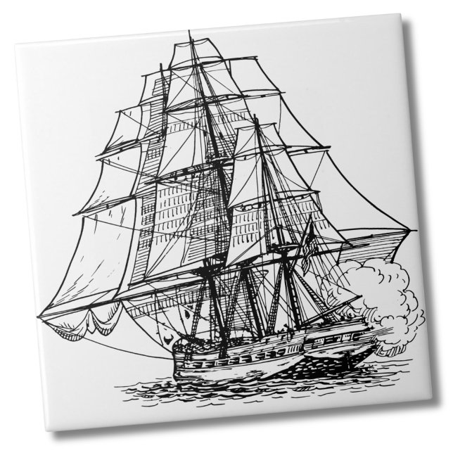 Enkel Nautical Boat Pirat Frakt Kakelplatta (Simple Black White Nautical Sail Boat Pirate Ship Ceramic Tile)
