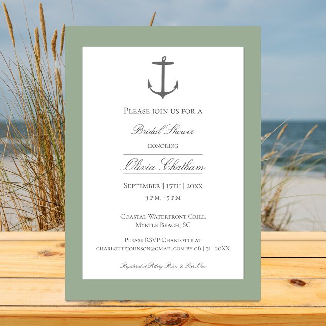 Enkel nautisk ankare bröllopsdusch | Sälggrön Inbjudningar (Sage Green Simple Nautical Anchor Bridal Shower Invitation)