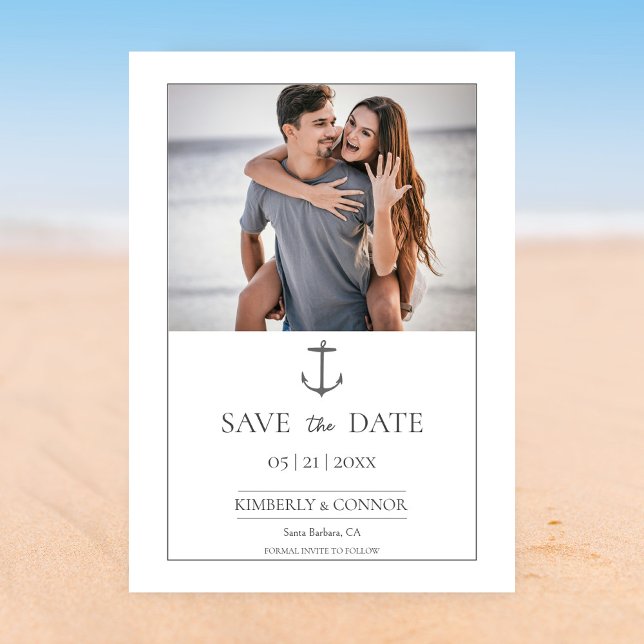 Enkel nautisk ankarfoto Spara datum | Vit Datumet (White Simple Nautical Anchor Photo Save the Date)