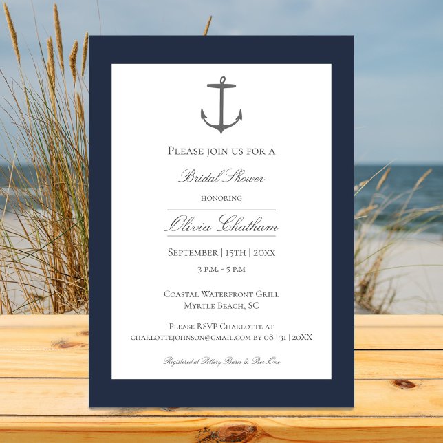 Enkel Nautisk ankarMöhippa | Blåblå marin Inbjudningar (Navy Simple Nautical Anchor Bridal Shower Invitation)
