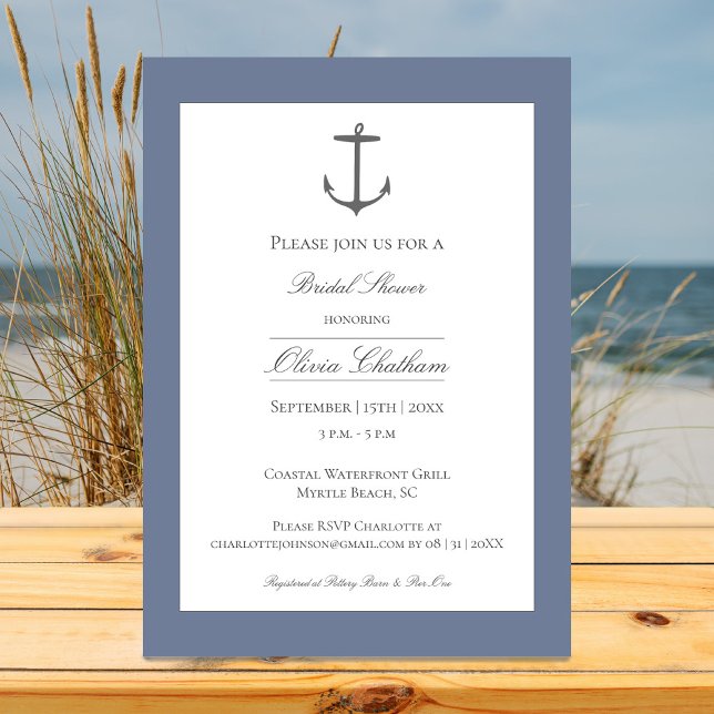 Enkel Nautisk ankarMöhippa | Dusty Blue Inbjudningar (Dusty Blue Simple Nautical Anchor Bridal Shower Invitation)