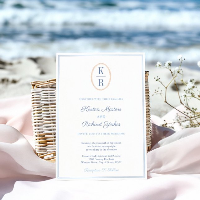 Enkel nautisk monogram blå och vit bröllopsfest inbjudningar (Simple nautical inspired wedding invitation with a couples monogram with fisherman rope details)