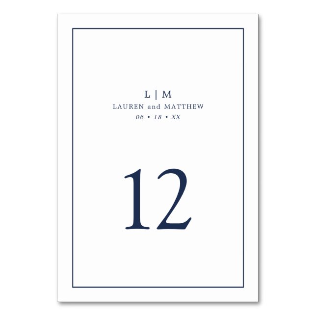 Enkel Navy Blå Monogram Elegant Bröllop Bordsnummer (Framsidan)
