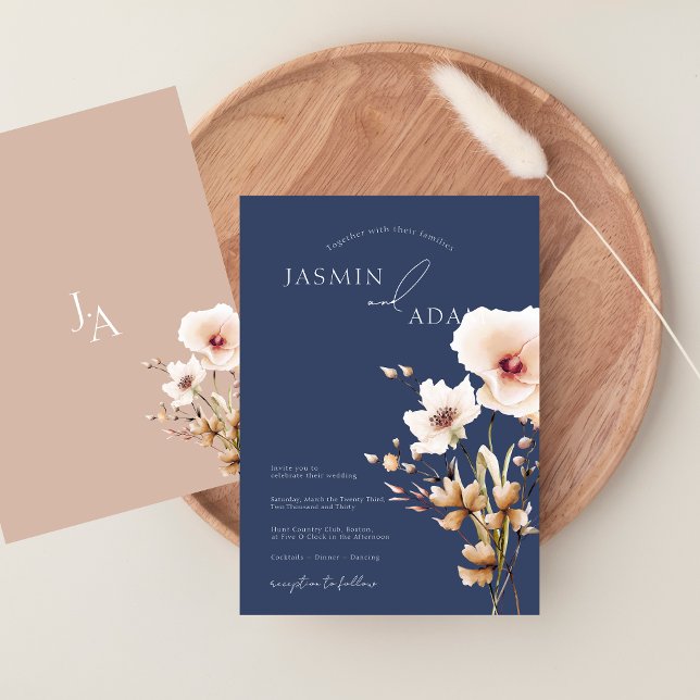 Enkel Navy Blå Rosa Vildblommor Blommig Bröllop Inbjudningar (Simple Navy Blue Pink Wildflowers Floral Wedding Invitation)