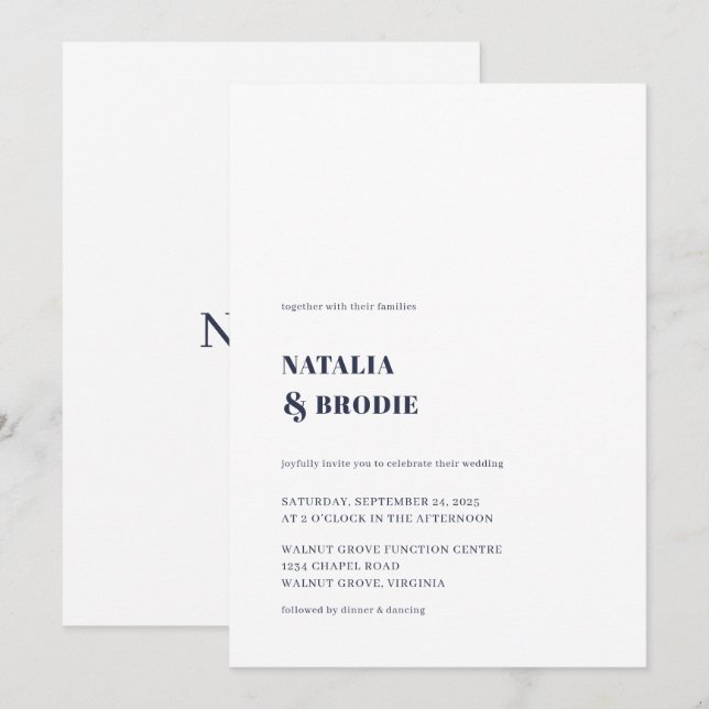 Enkel NAVY BLUE- och White Wedding-inbjudan Inbjudningar (Fram/baksida)