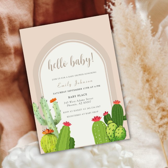 Enkel Neutralt Boho Cactus Arch Hej Baby Shower Inbjudningar (Simple Neutral Boho Cactus Arch Hello Baby Shower Invitation)
