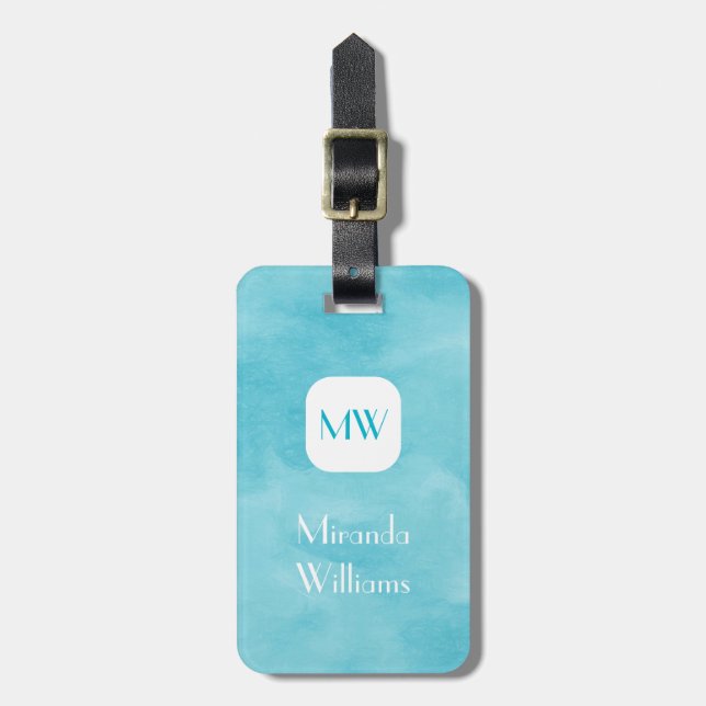 Enkel och Chic Aqua Turkos Monogram med Namn Bagagebricka (Vertikal Framsida)
