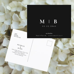 Enkel och elegant B/W-monogram bröllop Spara datum Meddelande Vykort