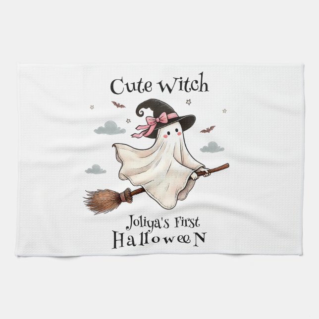 Enkel och Elegant Cute-häxa först Halloween Kökshandduk (Horisontell)