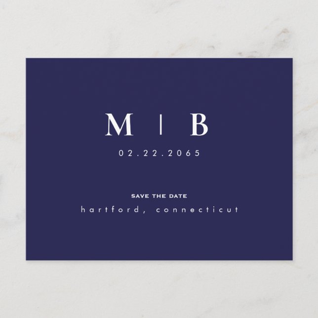 Enkel och elegant marin Monogram Spara datumet Meddelande Vykort (Framsida)