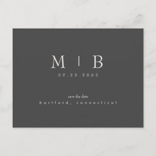Enkel och elegant Monogram Bröllop spara datum Grå Vykort