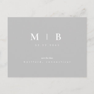 Enkel och elegant Monogram Grått Spara datum Bröll Meddelande Vykort