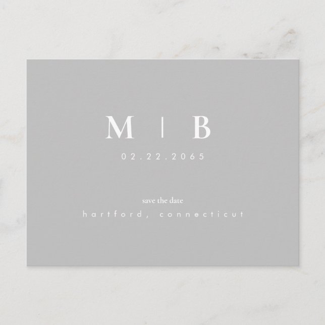 Enkel och elegant Monogram Grått Spara datum Bröll Meddelande Vykort (Framsida)