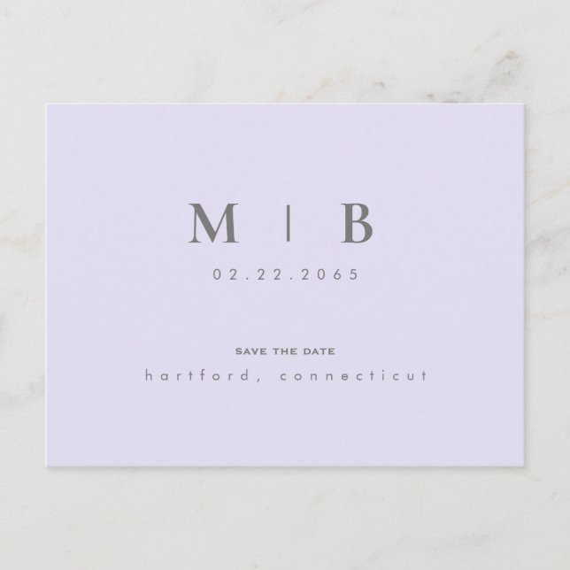Enkel och elegant Monogram Lilac Bröllop Spara Dat Meddelande Vykort (Framsida)
