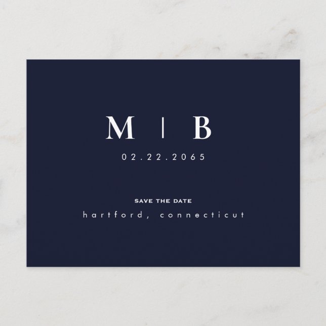 Enkel och elegant Monogram marin och vit Spara dat Meddelande Vykort (Framsida)