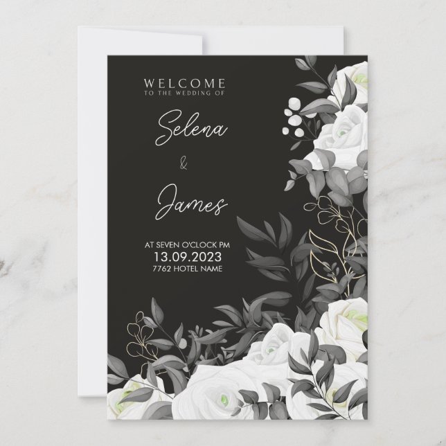 enkel och elegant svart och vit blommigt bröllop inbjudningar (Framsida)