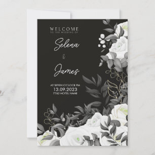 enkel och elegant svart och vit blommigt bröllop inbjudningar