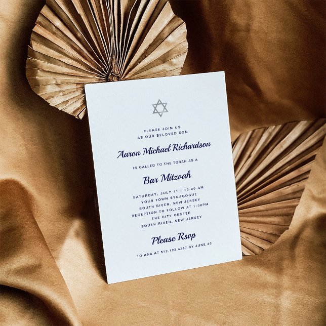 Enkel och fet | Vita och Mörk blått Pub Mitzvah Inbjudningar (Skapare uppladdad)