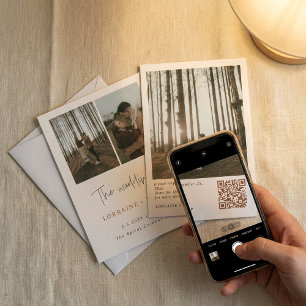 Enkel och modern 3-foto QR-kod bröllop Inbjudningar