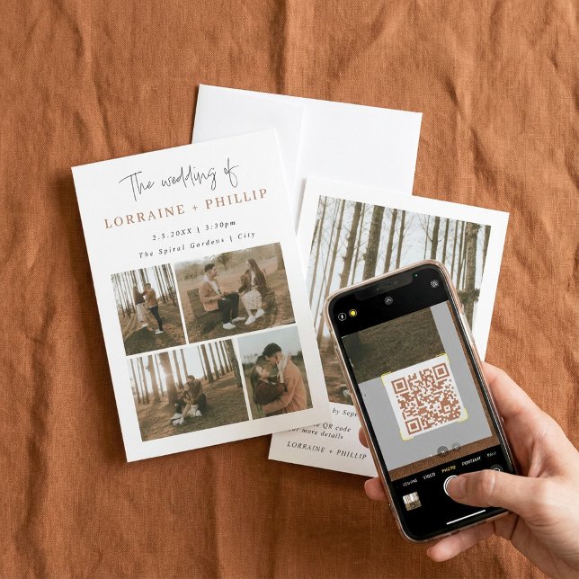 Enkel och modern 5-foto QR-kod bröllop Inbjudningar (Simple and modern 5 photo QR code wedding Invitation)