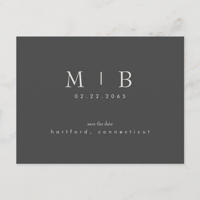 Enkel och ren monogram bröllop Bevara datum Grå Vykort (Framsida)