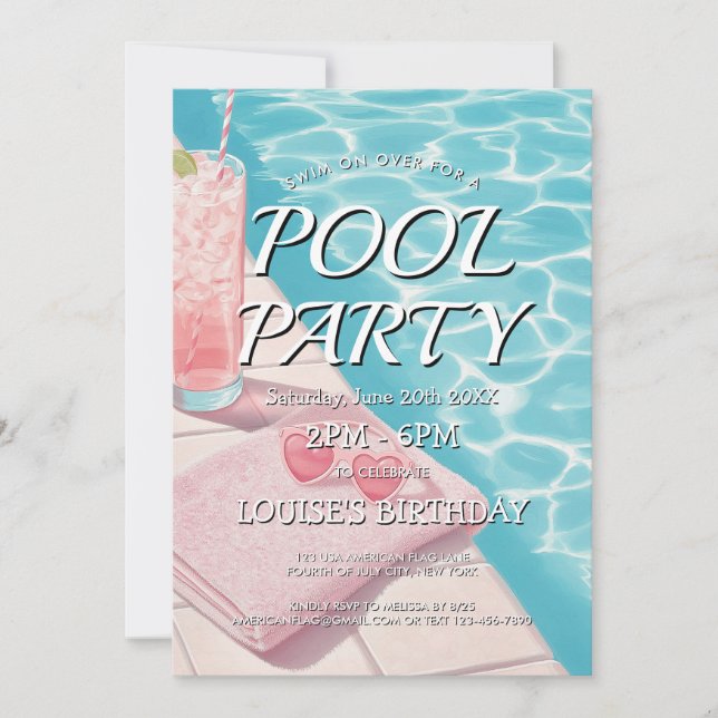 Enkel och rosa poolparty-inbjudan inbjudningar (Framsida)