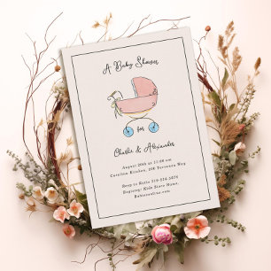 Enkel och sötad Rosa och Blue Pram Baby Shower Inbjudningar
