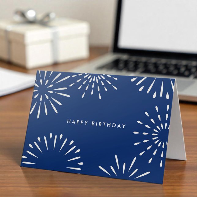 Enkel Office Navy Blue White Fireworks Birthday Kort (Skapare uppladdad)