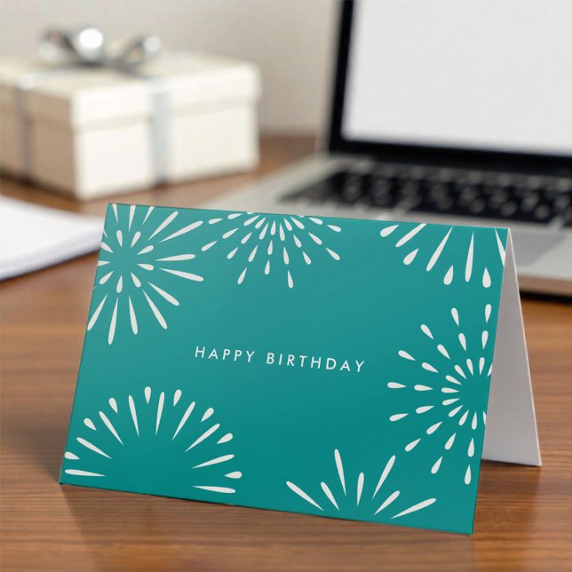 Enkel Office Teal Blue White Fireworks Birthday Kort (Skapare uppladdad)