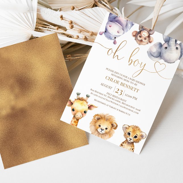 Enkel Oh Pojke Safari Djur Baby Shower Inbjudningar (Modern safari baby shower invitation featuring six cute safari animals and faux copper heading.)