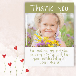 Enkel Olivgrön Flickfoto Födelsedags Tacksamhet Vykort