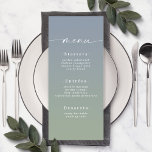 Enkel Ombre Dusty Blue & Grönt Bröllop Menu Meny<br><div class="desc">Simple Ombre Dusty Blue & Grönt Wedding Reception Dinner Menus. Det här moderna menykortet för chic är enkelt klassiskt och elegant med en subtil toningstoning och en söt namnteckning skriptcalligrafteckensnitt med svan. Visas i den nya Colorway. Finns i flera alternativ för färg eller kan redigera färger i redigeraren (klicka på...</div>