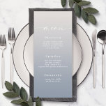 Enkel Ombre off-White & Dusty Blue Bröllop Menu Meny<br><div class="desc">Enkelt ombre off-White & Dusty Blue Wedding Middag Menus. Det här moderna menykortet för chic är enkelt klassiskt och elegant med en subtil toningstoning och en söt namnteckning skriptcalligrafteckensnitt med svan. Visas i den nya Colorway. Finns i flera alternativ för färg eller kan redigera färger i redigeraren (klicka på anpassa...</div>